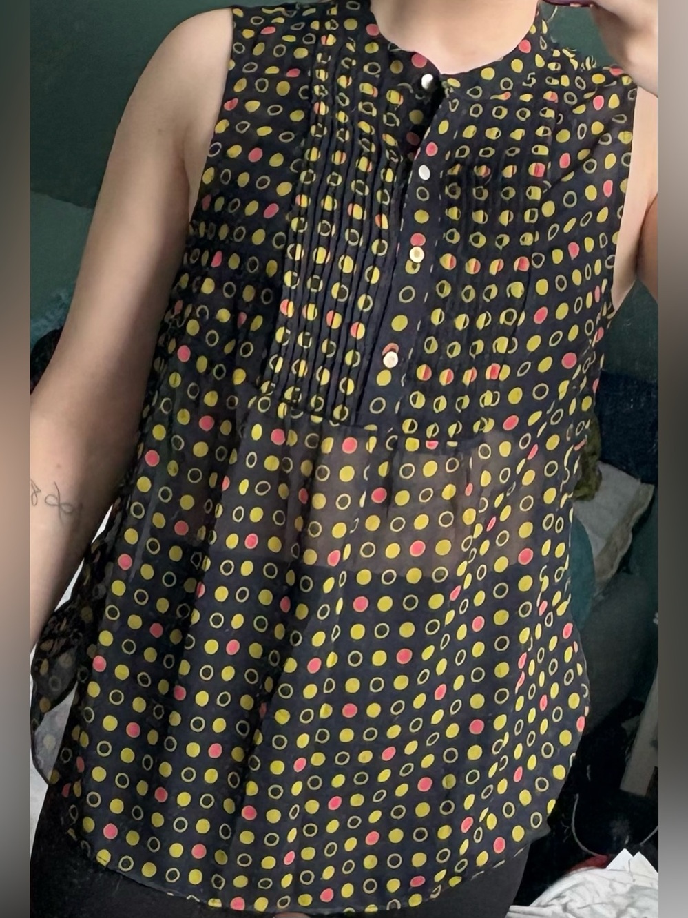 Banana Republic Black Sleeveless Polka Dot Camisole with Yellow and Pink Dots